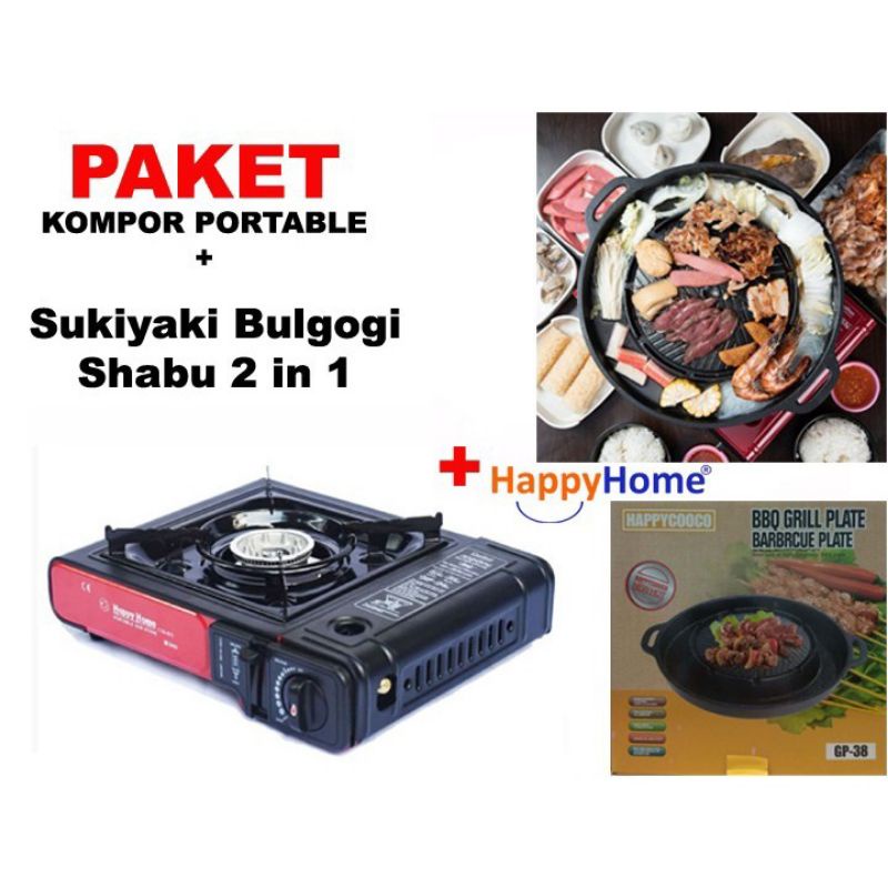 PROMO PAKET korean grill 2 in 1 dan kompor portable / bulgogi pan sukiyaki 2 in 1 mookata / panggangan BBQ grill plate / panci shabu grill 2 in 1 / yakiniku grill pan anti lengket 38cm mookata