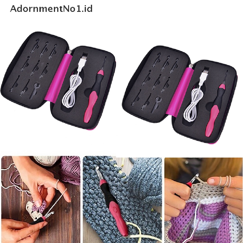 (AdornmentNo1) 9 In 1 Set Jarum Kait Rajut Crochet USB Rechargeable Dengan Lampu LED