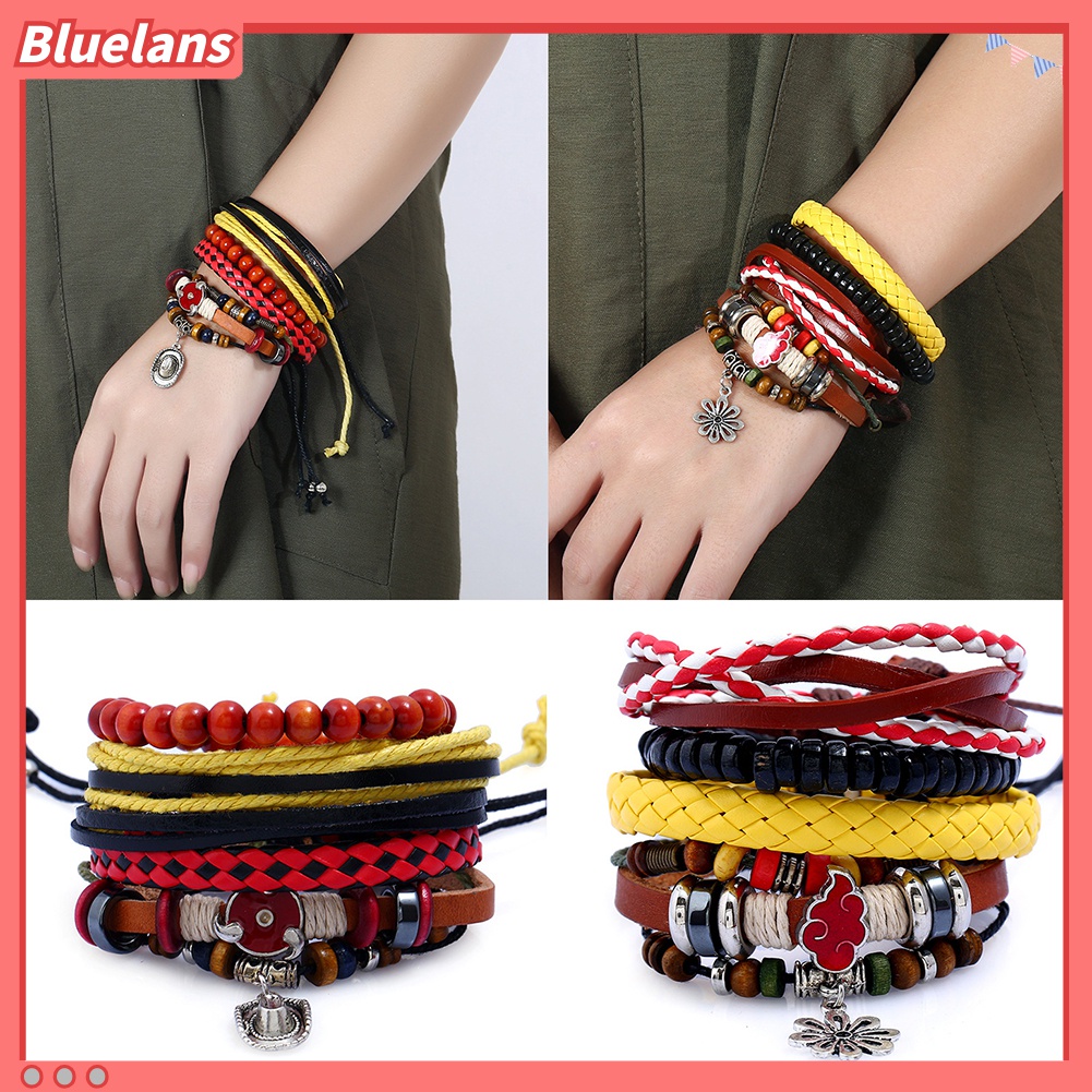 4pcs / Set Gelang Multilayer Bahan Kulit Imitasi Aksen Manik-Manik Kayu Gaya Retro Etnik Untuk Wanita