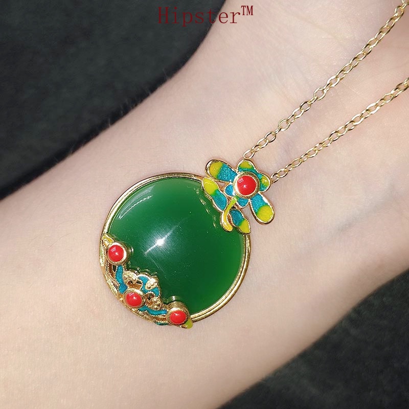 Gold Inlaid with Jade Craft Necklace Pendant for Women