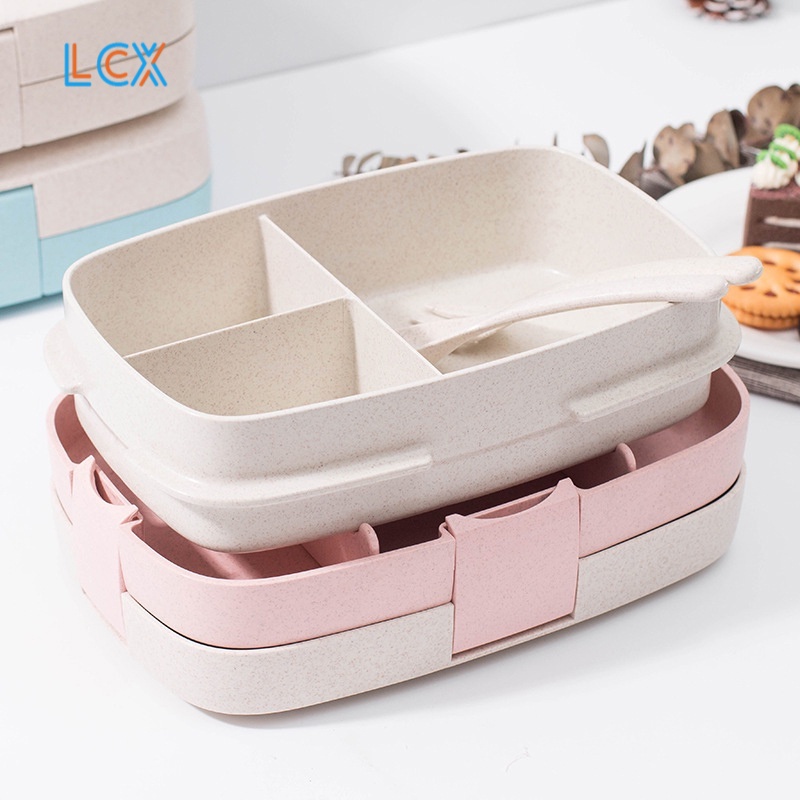 LCX Tempat makan/Lunch Box Jerami Gandum Kotak Makan Bento Anti Tumpah Single-Layer Kotak Bekal Tempat Makan