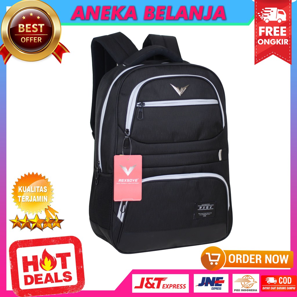 Tas Punggung Stylish Khusus Cowok Terbaru Model Rexsove Hitam Imitasi Hitam Backpack Pria Sekolah  Kuliah Kerja Hangout Multifungsi Free Raincover + Slot Laptop Bahan Awet Tebal Harga Termurah Terlaris Berkualitas