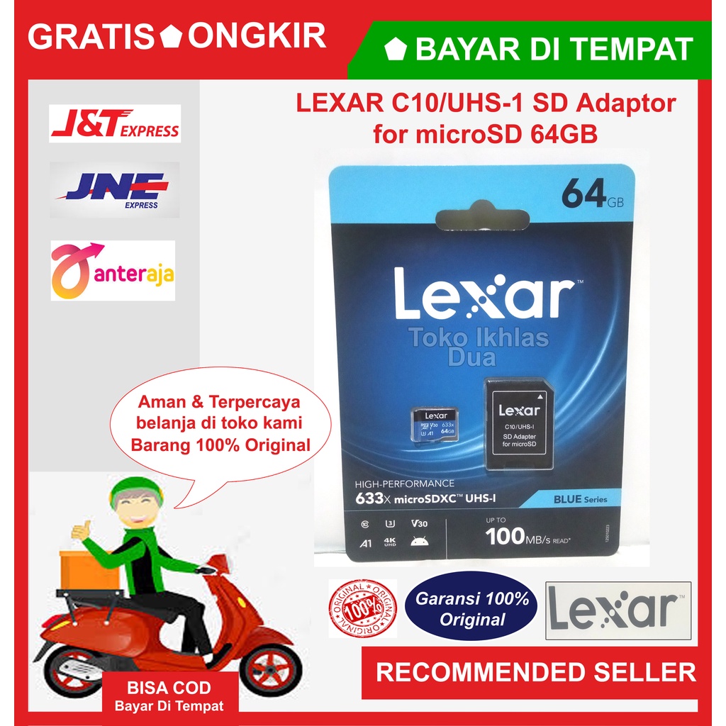 LEXAR Micro SD card 64GB 633x up to 100mb/s + Adapter/Micro SD card 64GB/Kartu Memori 64GB/micro sd/