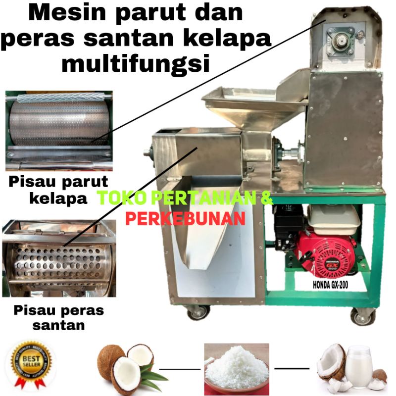Mesin parut kelapa dan peras santan kelapa multifungsi menggunakan mesin penggerak HONDA GX-200