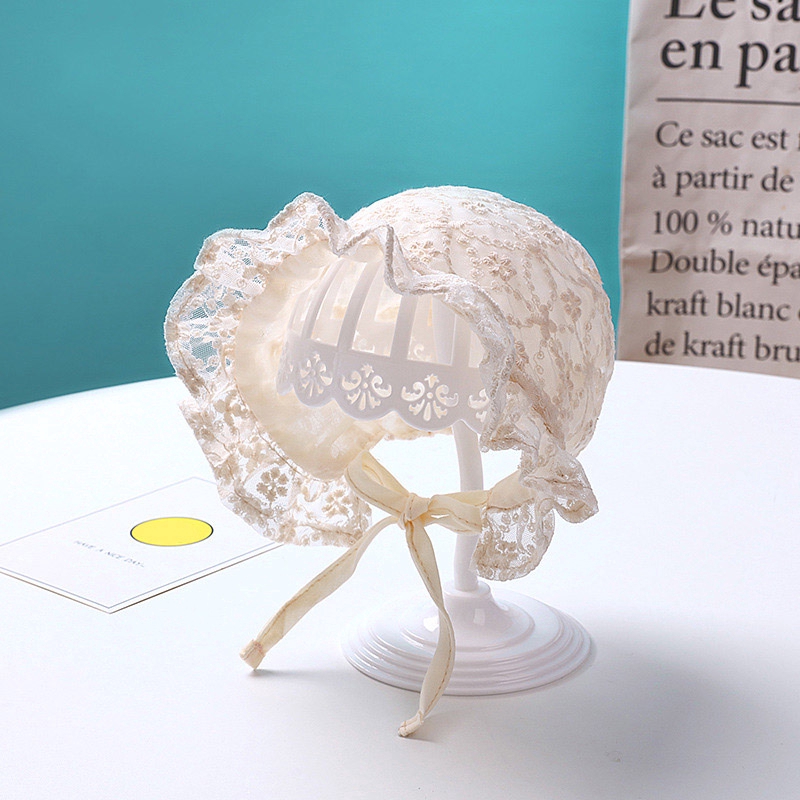 Topi Bayi Perempuan Bahan Lace Breathable Aksen Bunga Untuk Musim Panas/Properti Fotografi-4