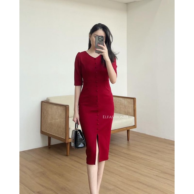 Elfashion • Dress Bodycon Button | Midi Dress Wanita