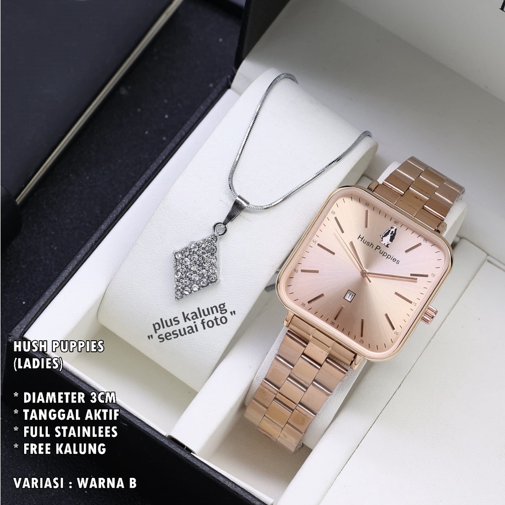 (BISA COD) JAM TANGAN WANITA HUSH PUPPIES H-009 RANTAI BODY SEGI TANGGAL AKTIF FREE KALUNG