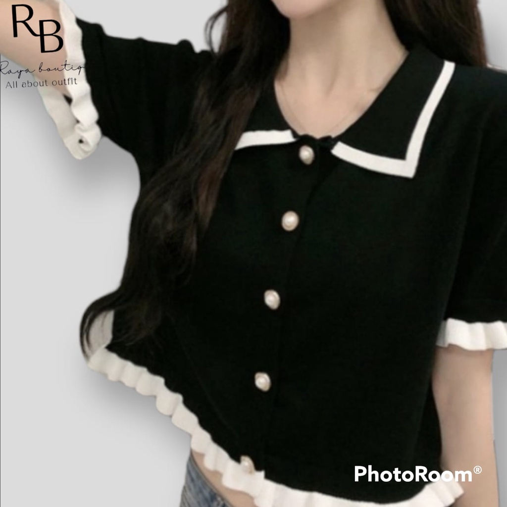 Sweater cardigan import knit rajut crop pearl button lengan pendek korea style black (hitam) and whi