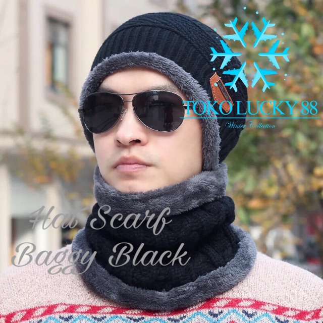 IMPORT Hat scarf baggy fur Topi Syal Bulu Set Musim Dingin Winter