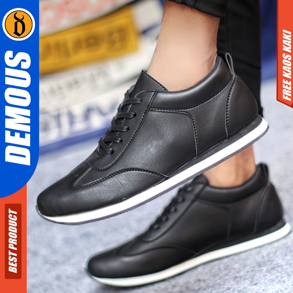 Sepatu Casual Pria Sneakers Hitam Kasual Kulit Pu Kekinian Kerja Kuliah Kantor Fashion Shoes Terbaru DEMOUS RONERO