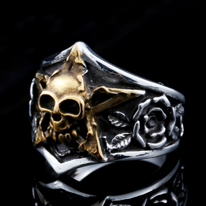 Cincin Jari Punk Fashion Bentuk Pentagram Aksen Tengkorak untuk Hadiah Pria/Pernikahan