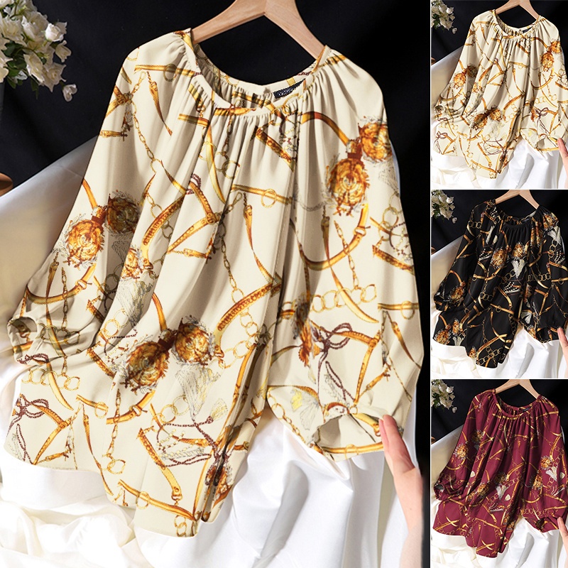 ZANZEA Women Long Sleeve O-Neck Back Buttons Vintage Print Pleated Loose Blouse