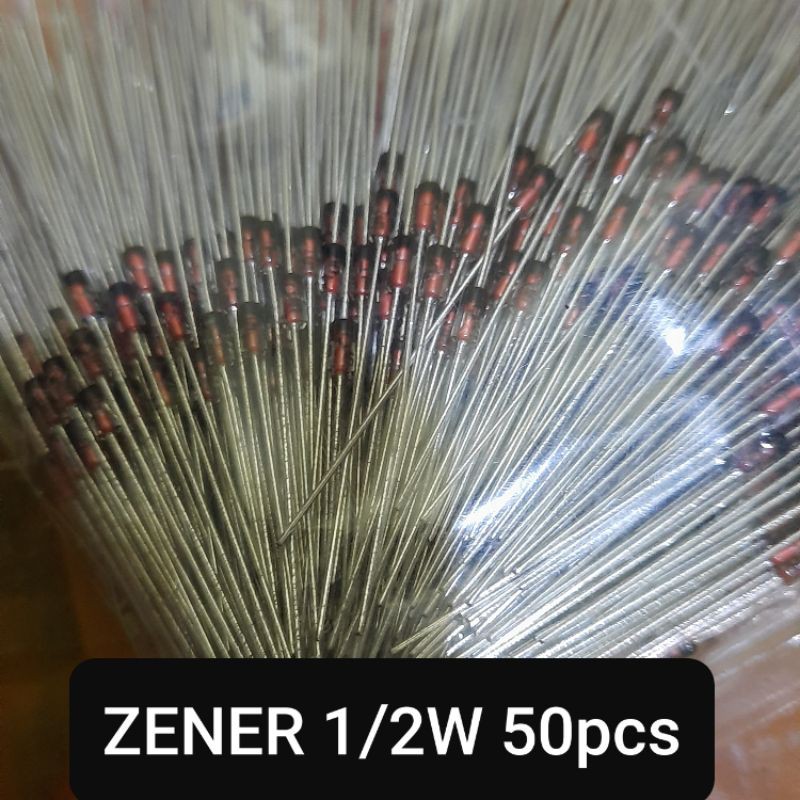 50buah DIODA ZENER 1/2W 2V7 3V 3V3 4V7 5V1 5V6 6V2 6V8 7V5 8V2 9V1 10V 12V 13V 15V 18V 33V