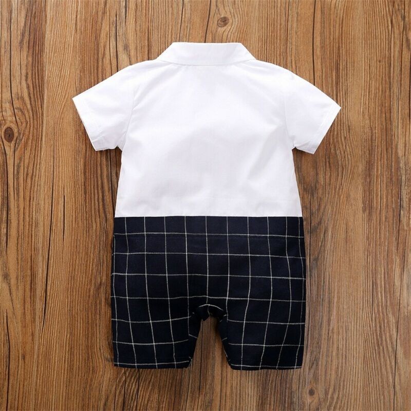 BROWNIEGROUND - Jumper bayi lengan pendek 0-24 BULAN TUXEDO BAYI KOTAK jumpsuit bayi baju bayi impor korea