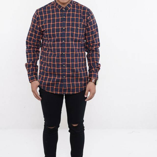 YB KEMEJA FLANEL PRIA MOTIF KOTAK LENGAN PANJANG SLIM FIT LONG SLEEVE BLACK LIST ORANGE 6205