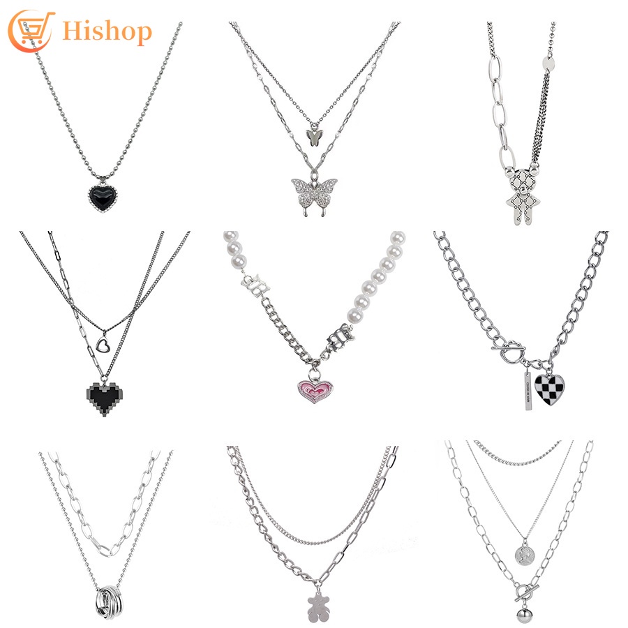 Kalung Choker Rantai Silver Hias Liontin Kupu-Kupu Hati Permata Hitam Untuk Wanita