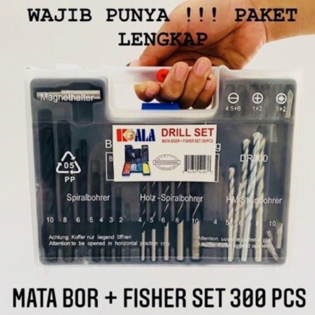 Mata Bor Set KOALA 300 pcs Nylon Plug - Bor Besi Bor Beton Bor Kayu Mata Obeng Plastic Wall Plug S5 S6 S8 S10 - Mata Boer Set 300pcs - Drill Set KOALA DR300