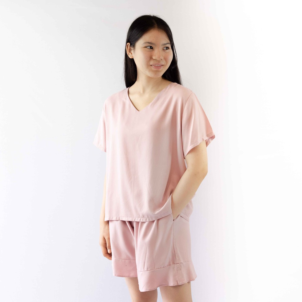 PIYAMA WANITA BAJU TIDUR ANAK PEREMPUAN LOUNGEWEAR RUMAH RUMAHAN PIJAMAS RAYON ELLIE SET - PEACH