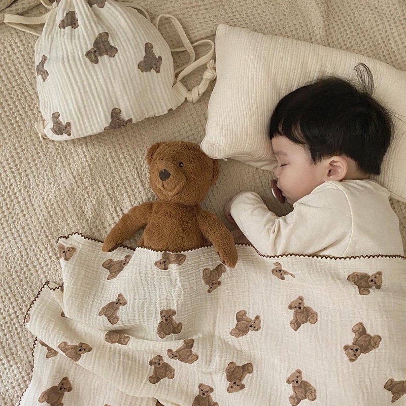 Teddy bear muslin stitch blanket /Lenuna Pure cotton blanket / selimut bayi