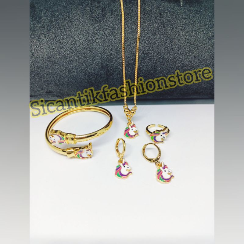 PROMO KALUNG TITANIUM PERHIASAN SET ANAK-ANAK PONY SATU PAKET GELANG/ANTING/CINCIN/KALUNG LAPIS EMAS