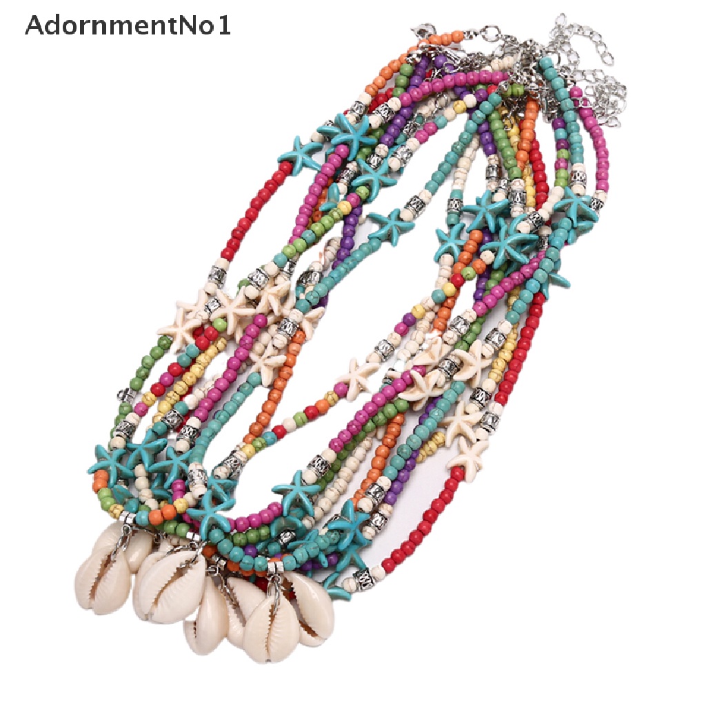 (AdornmentNo1) Kalung Choker Gaya Bohemia Motif Bintang Laut + Kerang + Manik-Manik Turquoise Untuk Wanita / Pantai