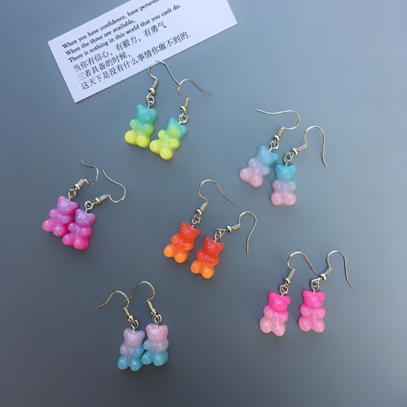 Siy 1 Pasang Anting Tusuk Gantung Wanita Bahan Resin Desain Gummy Bear Warna Permen Menarik Untuk Hadiah