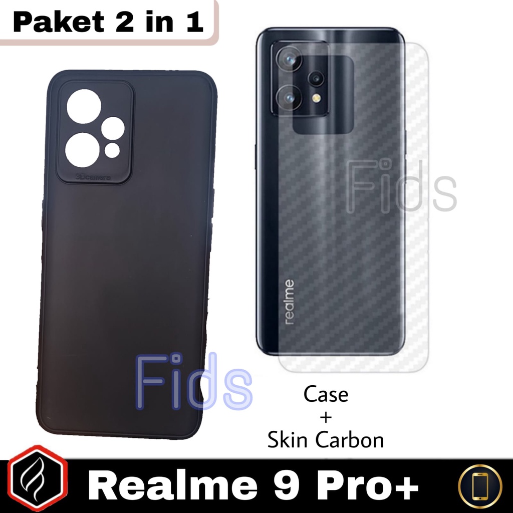 Paket 2 in 1 Case Realme 9 Pro Plus Softcase Black Matte Free Garskin Carbon | Casing Premium Slim Exellent Cover | Soft Matte | Soft Case Macaron