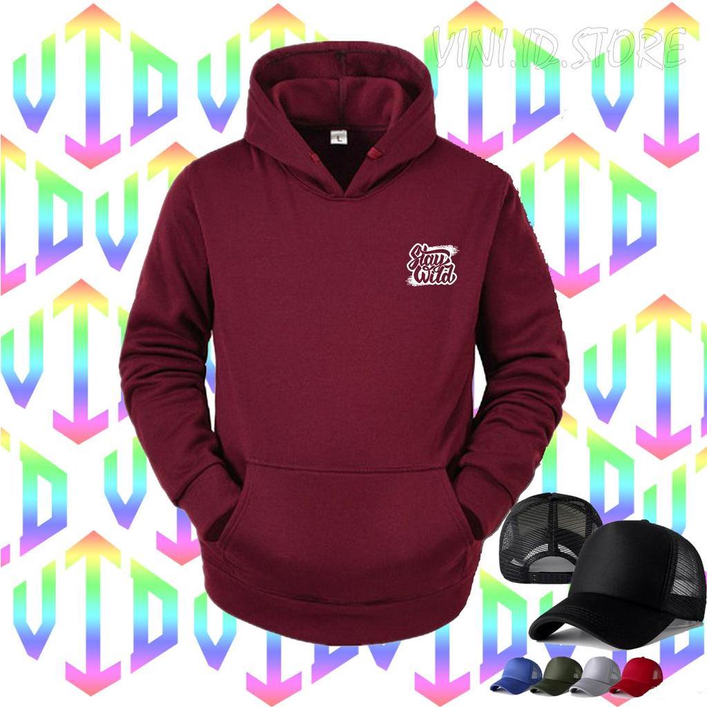 FREE TOPI POLOS.... HOODIE STAY WILD 0001 SAMPING MOTIF PUTIH+TOPI//Sweatshirt Hoodie Pria/Wanita//S