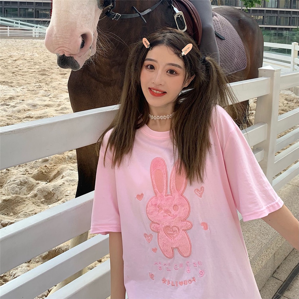 [littlecrab] Kaos Oversize Bunny Bulu With Korean Letter Writing Tshirt Kelinci Lembut Berkualitas T-shirt Bunny Love Soft Color Putih Pink Biru Kaos Unik Cute Tshirt With Soft Fur Kaos Couple Unisex Korean Style