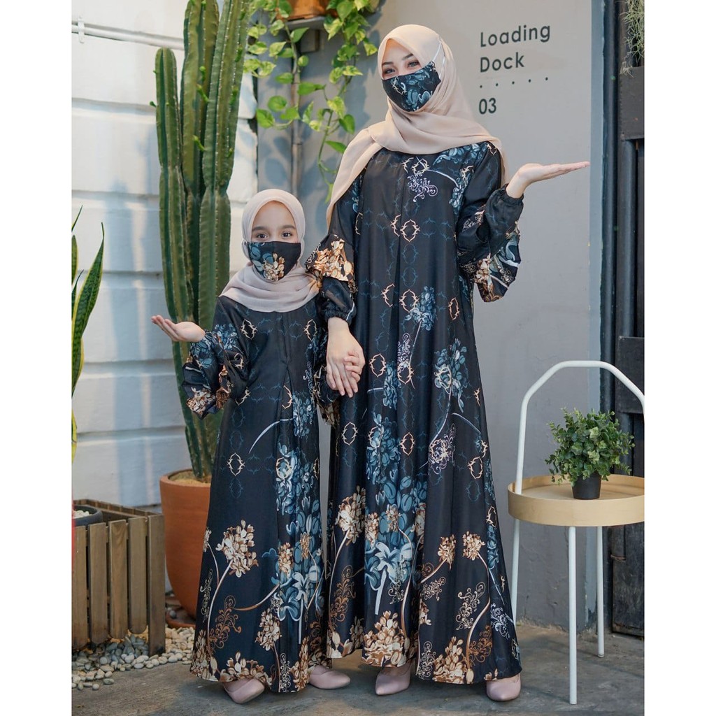 Gamis hasanah  couple Maxi motif dress muslim bahan maxmara lux gamis set anak ukuran all size