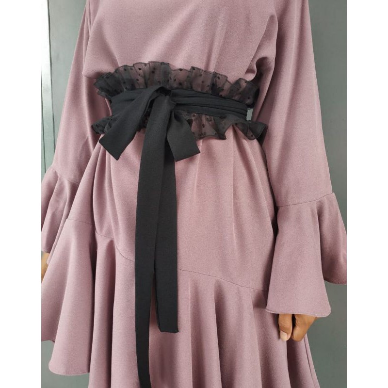 obi belt kain untuk wanita model ruffle organza dot hitam cantik mewah / ikat pinggang wanita kain