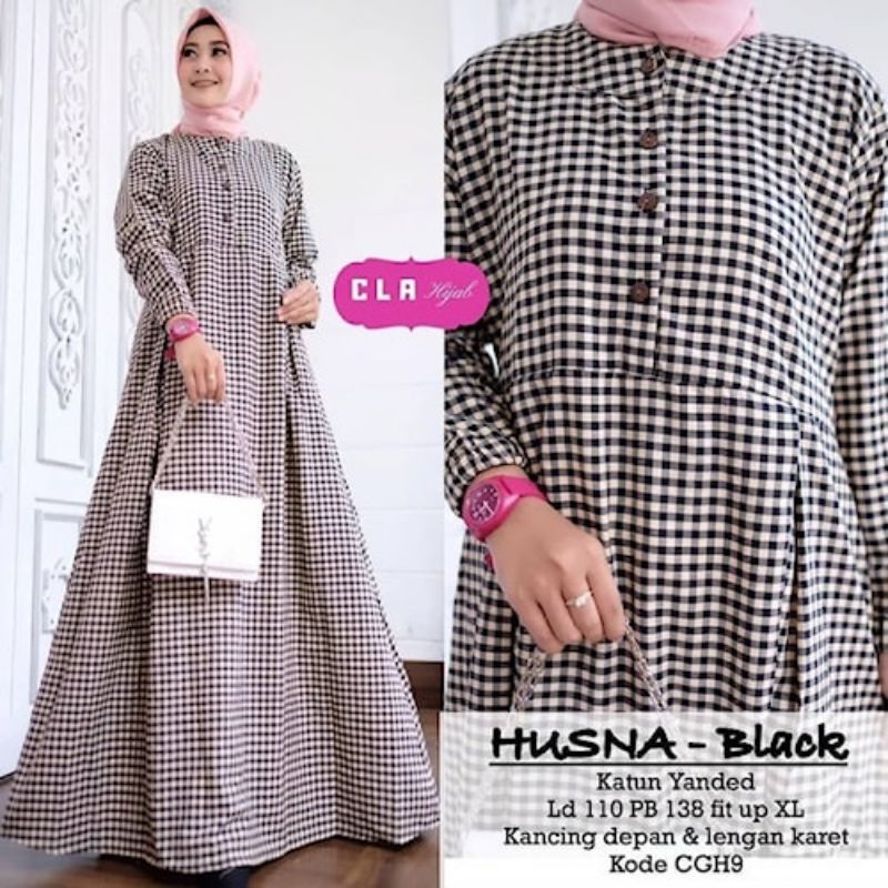 Husna Maxi dress/baju pakaian wanita/gamis syar'i/gamis katun kotak kotak/perlengkapan wanita/busana