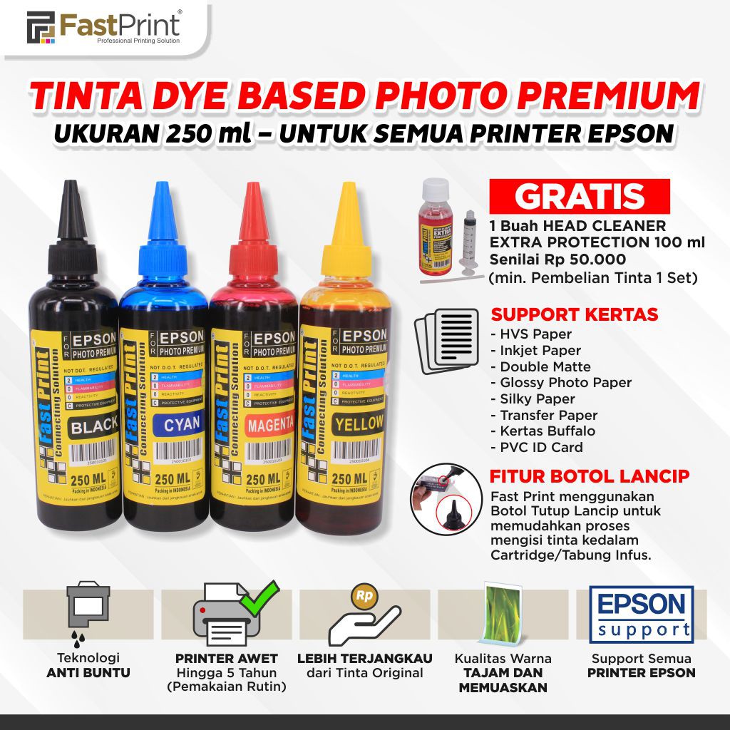 Tinta Dye Based Photo Premium 250ML Printer Epson 1Set 4Warna