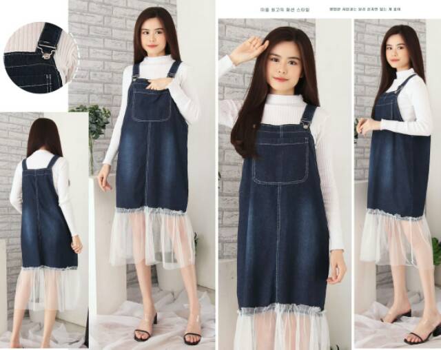 (NEW) DRESS JEANS WANITA MIDI OVERALL KOMBINASI TILE