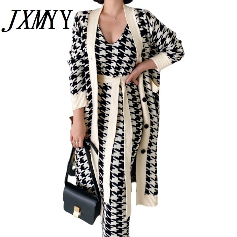 Sweater Setelan Wanita  Korean Sweater Set Fashion Vintage Style V-Neck Long Knitted Sweater Coat + 