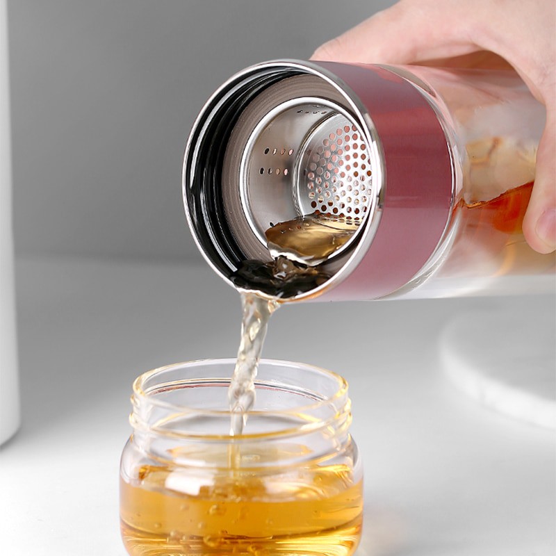tumbler teapot infuser portable double wall / tea pot botol minum teh kaca infuse water ( menerima custom LOGO )