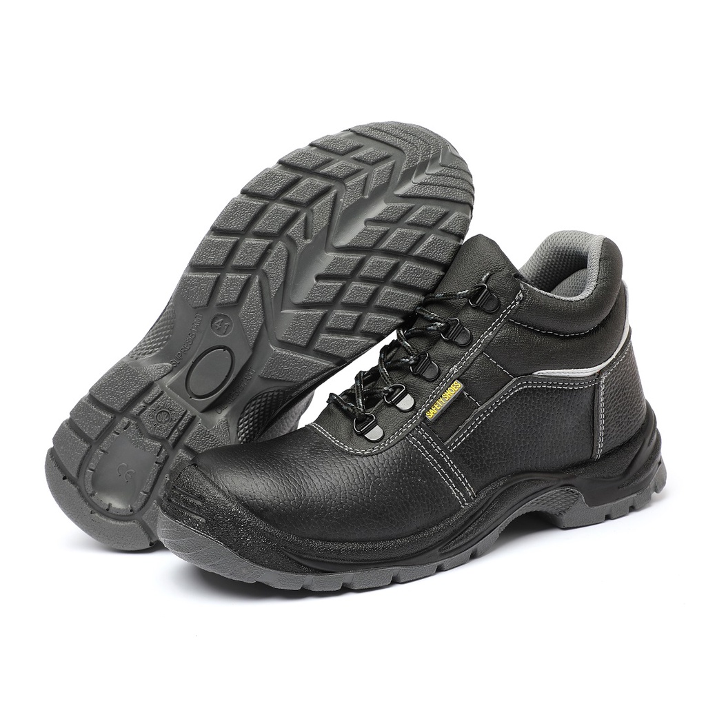 Sepatu Safety Shoes Pria Ujung Besi Middle Cut Anti Slip Hitam Abu