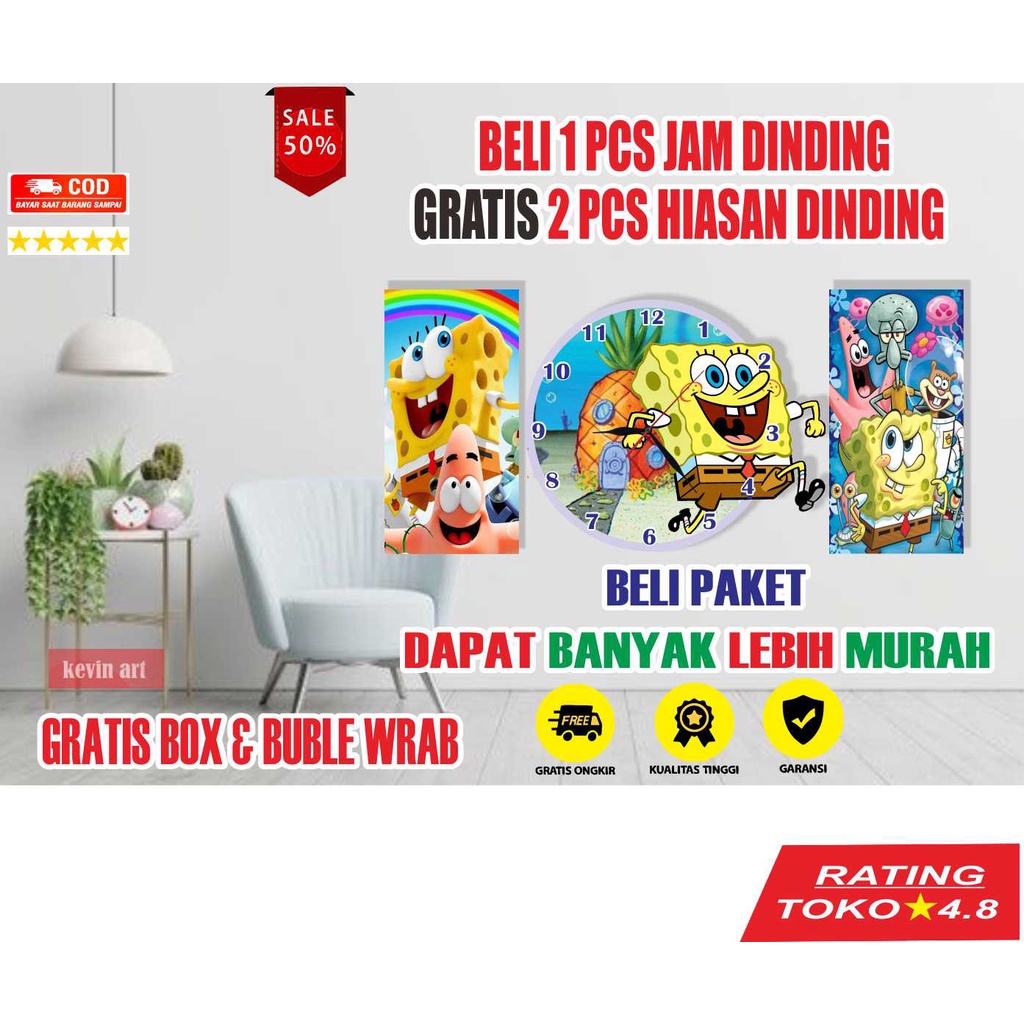 Dekorasi kamar aestetik jam dinding tempel tembok karakter spongebob gratis hiasan dinding