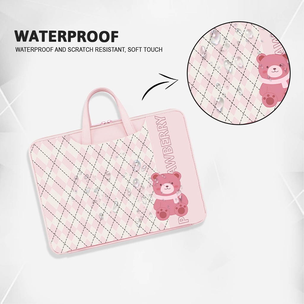 Sleeve Pouch Sarung Tas Bag Case Ipad Tab Tablet Macbook Air Pro Laptop Asus Acer Lenovo HP Huawei 11 12 13 14 15 inch Motif Gambar Kartun Bear Beruang Warna Pink Blue Biru Cute Murah Korean Model Jinjing Tali Strap Waterproof Tahan Air