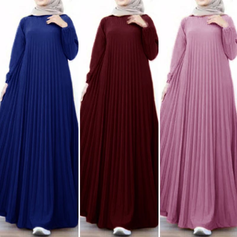 ZANZEA Women Casual Loose Plain Crew Neck Pleated Muslim Hem Maxi Dress