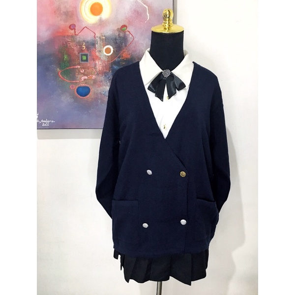 Cardigan blazer rajut academia korea navy hitammewah premium kancing 4 vintage