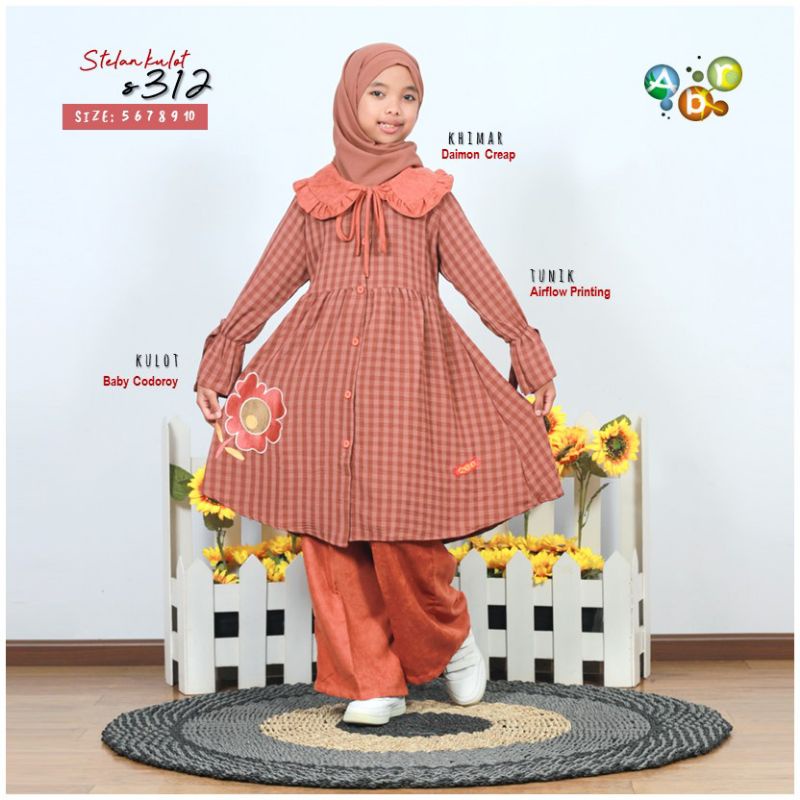 One Set Tunik Muslim Anak Perempuan Usia 4-12 Tahun/ One Set Tunik Kulot Anak By ABR Bahan Crinkle A