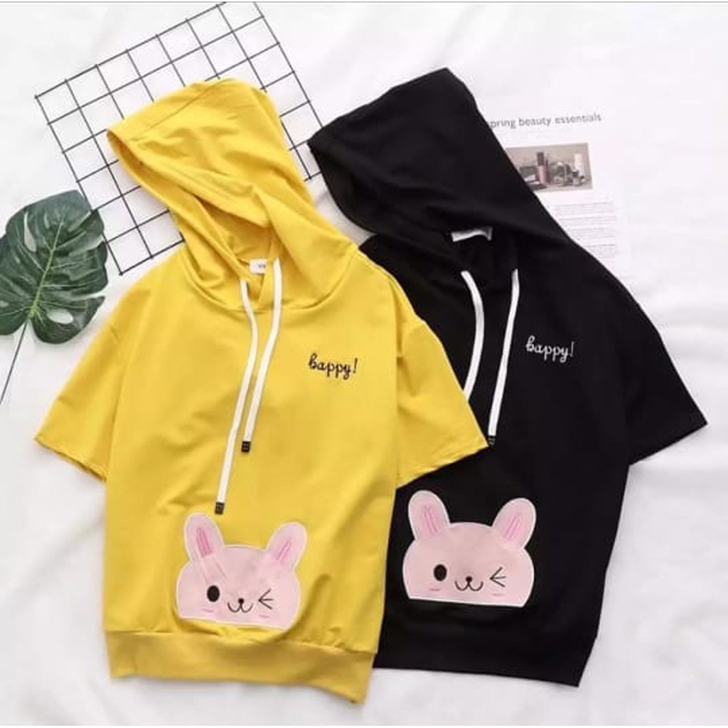 Bess - Sweater Hoodie Crop Lengan Pendek HAPPY CAT