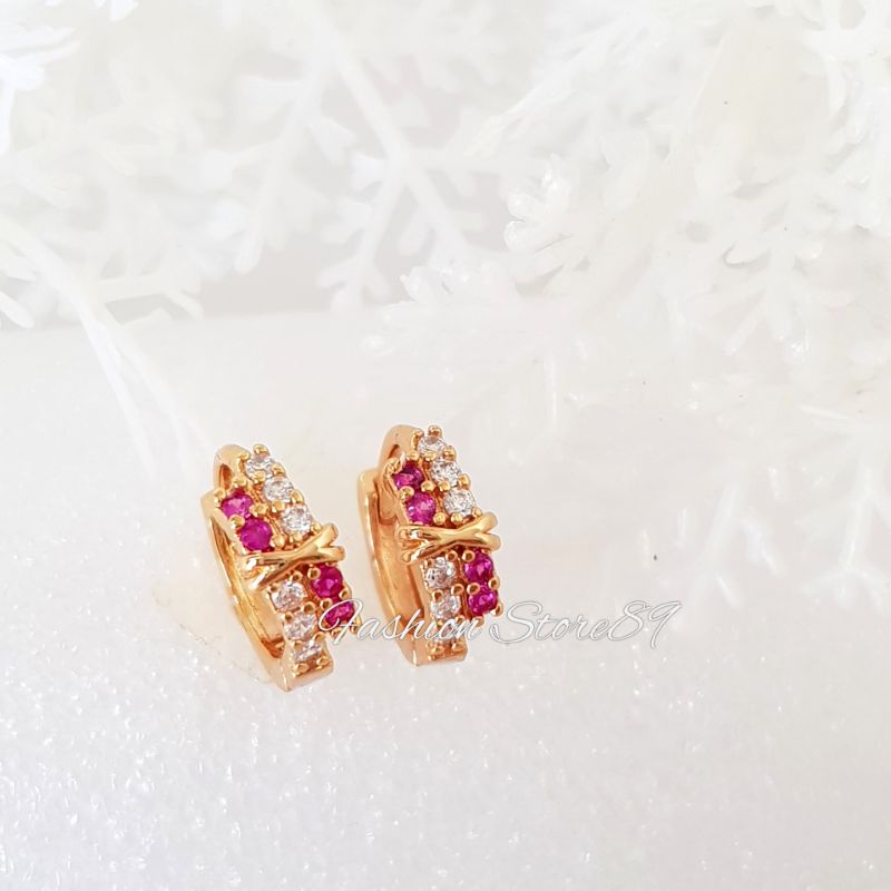 Anting Jepit Permata Kombinasi Pink White Impor Bestquality Perhiasan Lapis Emas Elegant Anting Jepit Permata Pink white Fashion