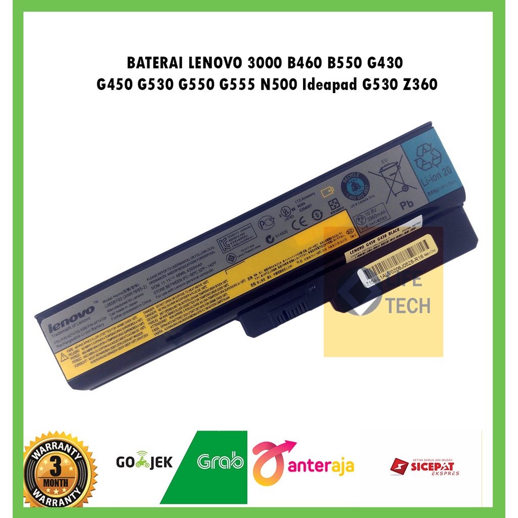 Baterai Laptop Lenovo 3000 Ideapad G430 G430LE G450M G450 G455A G530A G530 G550 G555 V460 Z360 N500 L06L6Y02 L08L6Y02 57Y6527 L08L6C02 5200mAh