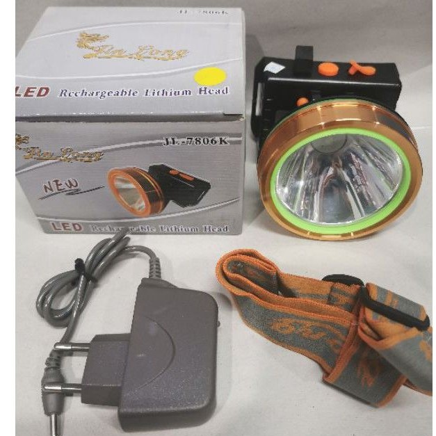 senter kepala LED RECHARGEABLE LITHIUM HEAD LAMP JINLONG JL-7806K JL-5299K kuning cas charge body metal