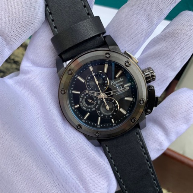 Jam Tangan Pria Alexandre Christie AC 6519 MC Black Leather Black Original