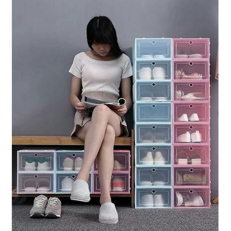 Kotak Sepatu Frame Plastik Lipat Flip Buka Depan Transparant shoes box portable foldable pria wanita