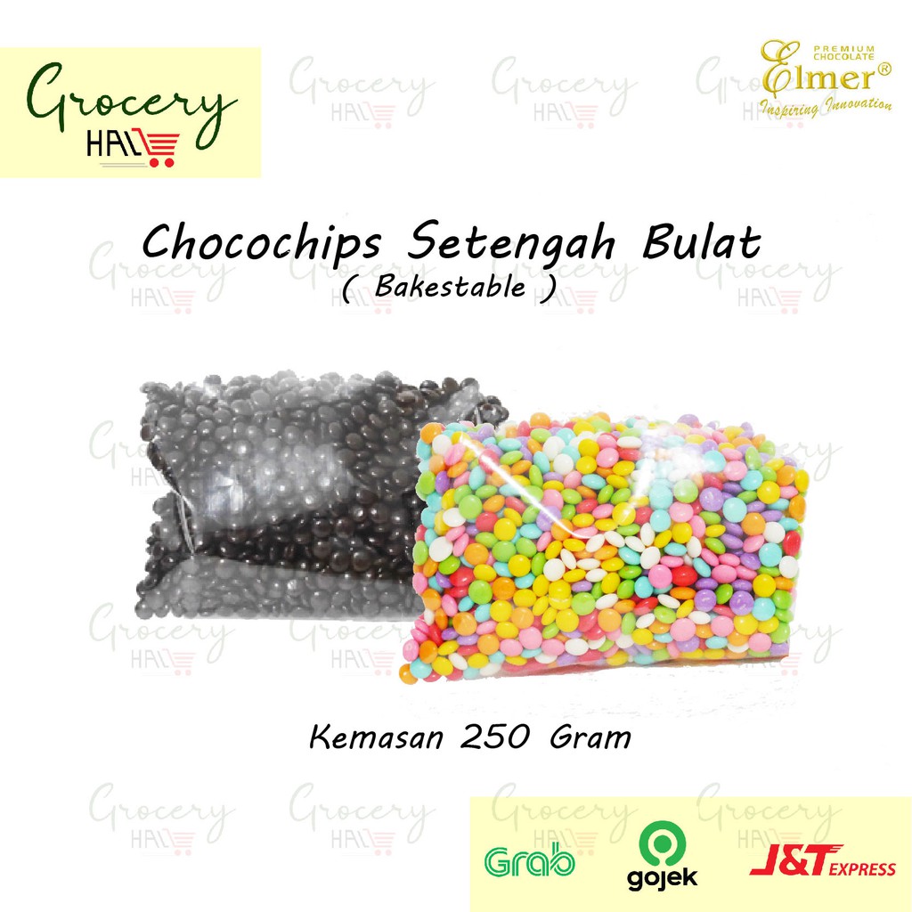 

CHOCO CHIPS SETENGAH BULAT ELMER 250 GR [ BAKESTABLE ] ( DARK CHOCO / WARNA WARNI )