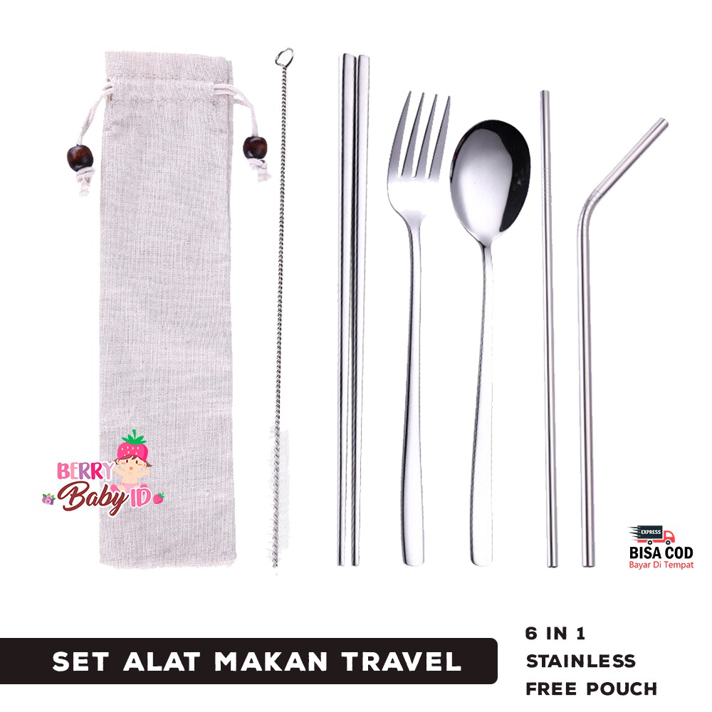 Berry Mart Travel Set 6-in-1 Sendok Garpu Sumpit Stainless Free Pouch Berry Mart